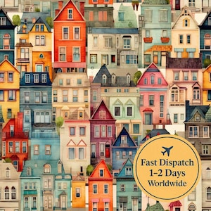 Może przedstawiać: Kolorowa ilustracja różnych domów w powtarzającym się wzorze. Domy są pomalowane w różnych kolorach, w tym czerwonym, pomarańczowym, niebieskim i żółtym. Obraz zawiera również żółte koło z tekstem "Fast Dispatch 1-2 Days Worldwide".