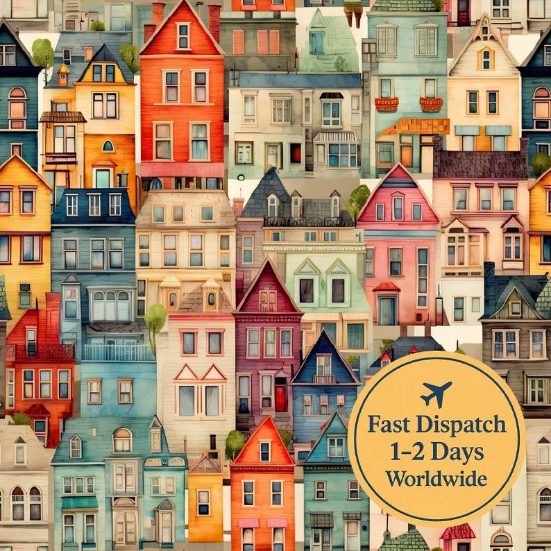 Townhouse Pattern Colourful Houses Fabric – Townhouse Architecture Pattern – City Houses ...