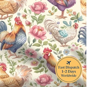 Floral Chickens fabric Farmhouse Chicken fabric Homesteading fabric Trendy fabric image 1