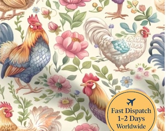 Floral Chickens fabric  Farmhouse Chicken fabric Homesteading fabric Trendy fabric