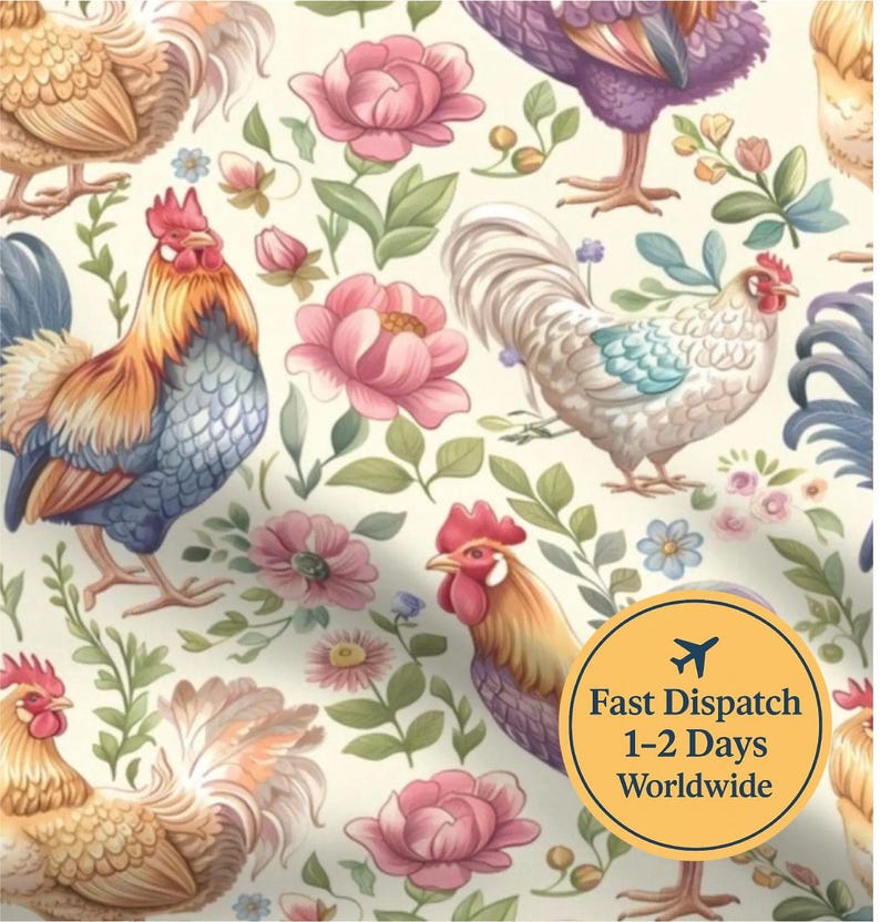 Floral Chickens fabric Farmhouse Chicken fabric Homesteading fabric Trendy fabric image 1