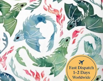 Blue and green Dragon Fabric Baby fantasy Fabric dragon Theme fire fabric watercolour fabric