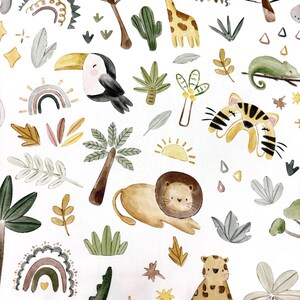 May include: Watercolor illustration featuring a safari theme with a giraffe, lion, toucan, and other animals. The design includes palm trees, rainbows, and stars in a soft, neutral color palette. Perfect for nursery decor or children's products.
