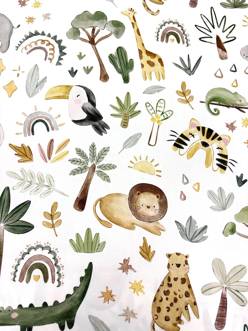 May include: Watercolor illustration featuring a safari theme with a giraffe, lion, toucan, and other animals. The design includes palm trees, rainbows, and stars in a soft, neutral color palette. Perfect for nursery decor or children's products.