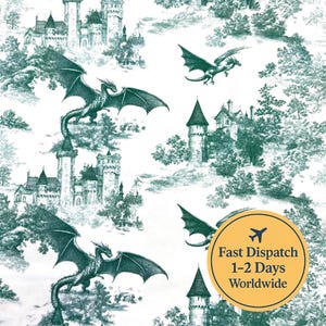 May include: White fabric featuring a teal dragon and castle toile design. Dragons are shown in flight, with castles and trees in the background. The image includes a yellow circle with the text "Fast Dispatch 1-2 Days Worldwide".