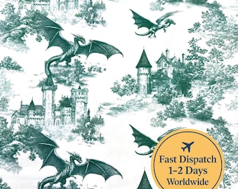 Green Chinoiserie Toile de Jouy dragon Fabric Dragon Fabric fairytale Theme castle Nursery Fabric