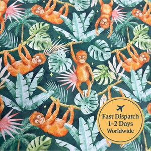 May include: A repeating pattern featuring orange orangutans hanging from branches amidst lush green and pink tropical foliage. The background is a dark teal color. The image includes a yellow circle with the text "Fast Dispatch 1-2 Days Worldwide".