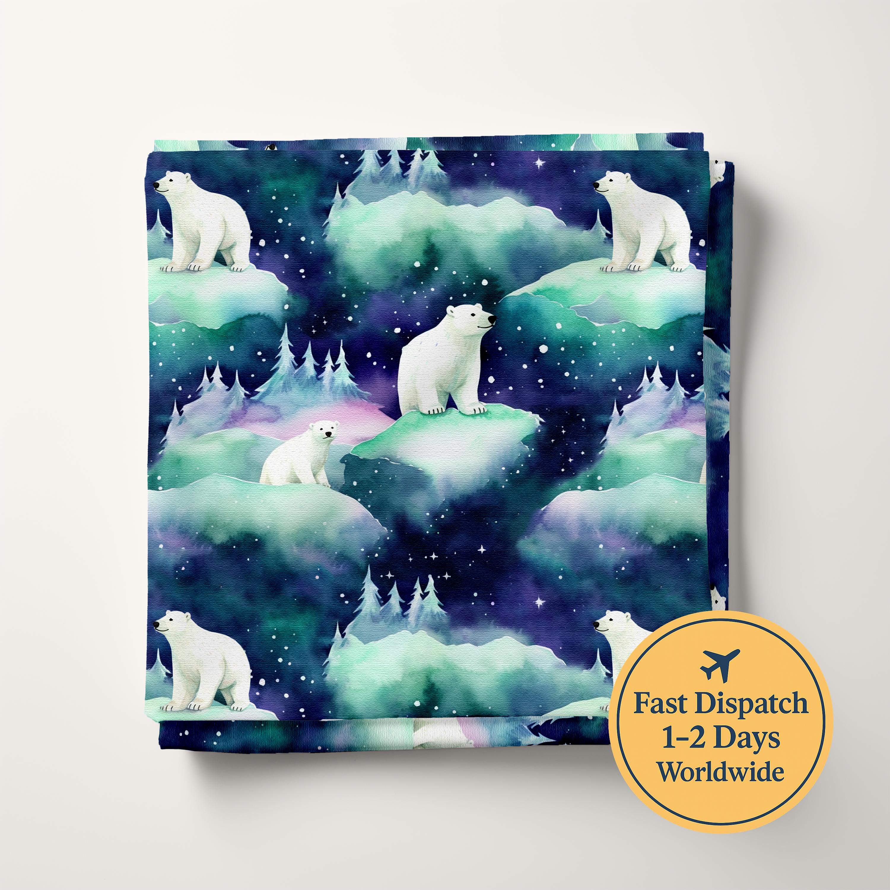 Polar Bear Fabric With Northern Lights – Arctic Wildlife Cotton