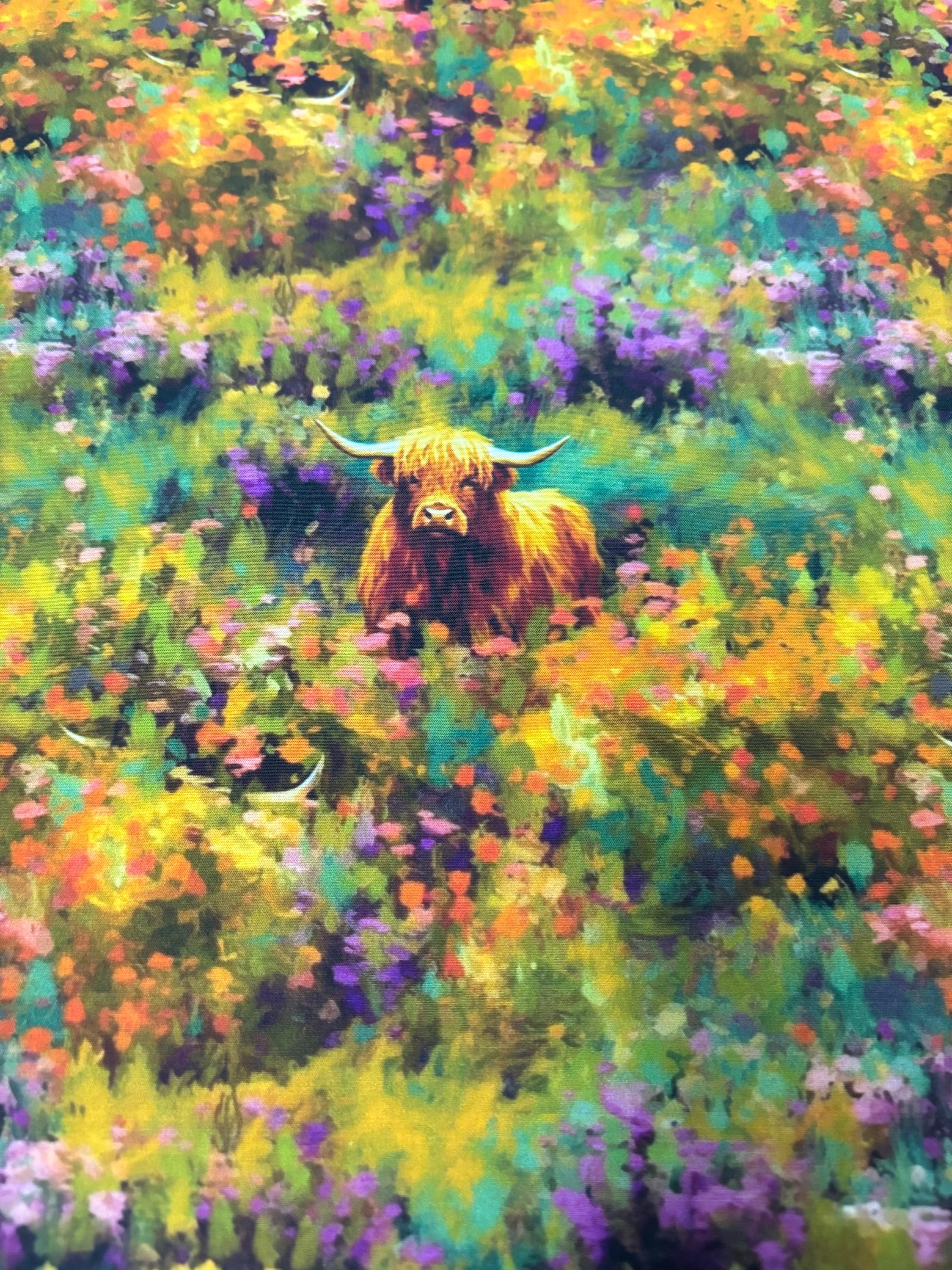 Highland Cow Fabric – Painterly Floral Meadow Pattern – Wildflower Art ...