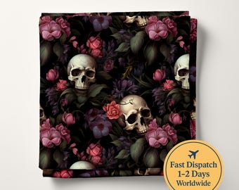 May include: A square fabric piece featuring a repeating pattern of human skulls interspersed with dark pink and purple flowers and green leaves on a black background. The design includes multiple skulls and floral clusters.