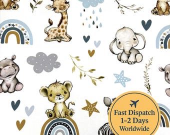 Safari Regenbogen Stoff Baby Safari Tiere Blau Safari Thema Löwe Zebra Giraffe Baby Kinderzimmer Stoff