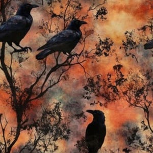 May include: Silhouettes of three black crows perched on bare branches against a backdrop of orange, yellow, and brown watercolor-like clouds.