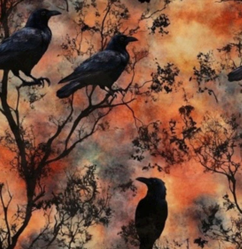 May include: Silhouettes of three black crows perched on bare branches against a backdrop of orange, yellow, and brown watercolor-like clouds.