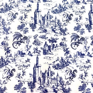 May include: A repeating pattern featuring a blue and white toile design. The pattern depicts castles, dragons, trees, and figures on horseback. The overall theme is a fantasy or medieval aesthetic.