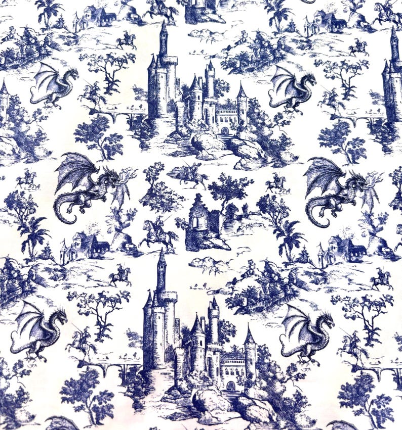 May include: A repeating pattern featuring a blue and white toile design. The pattern depicts castles, dragons, trees, and figures on horseback. The overall theme is a fantasy or medieval aesthetic.