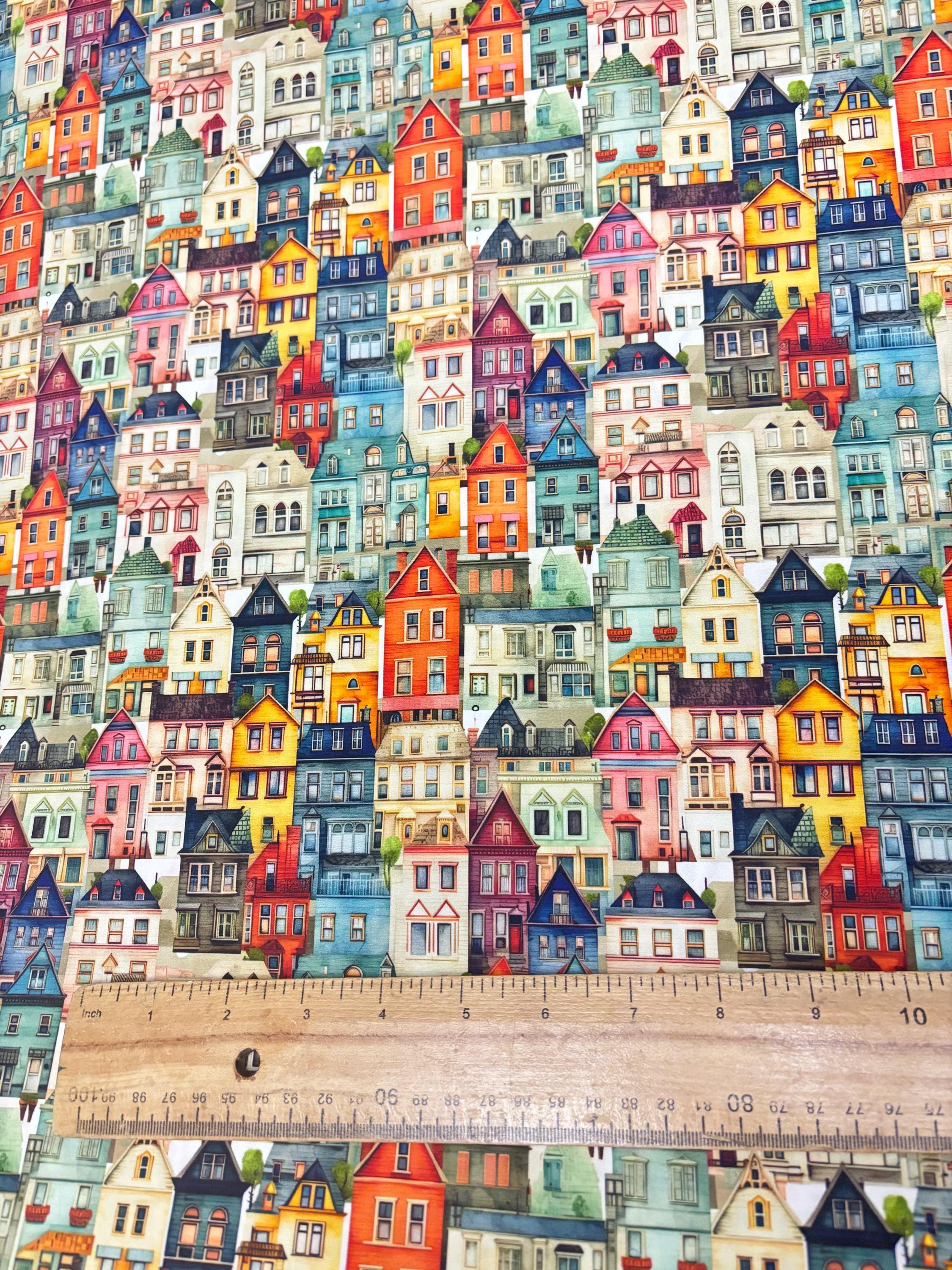 Townhouse Pattern Colourful Houses Fabric – Townhouse Architecture Pattern – City Houses ...