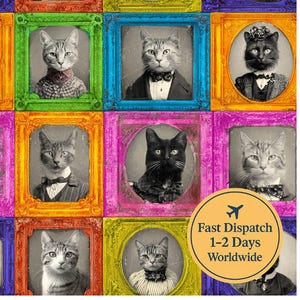 May include: A patterned design featuring portraits of cats in ornate frames. The cats are depicted in vintage style, wearing formal clothing. The frames are in a variety of bright colours. The image includes the text "Fast Dispatch 1-2 Days Worldwide."