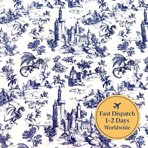 May include: White fabric with a blue toile pattern featuring castles, dragons, and riders on horseback. The design is reminiscent of classic toile de Jouy, with a fantasy theme. The fabric has a repeating pattern of detailed illustrations.
