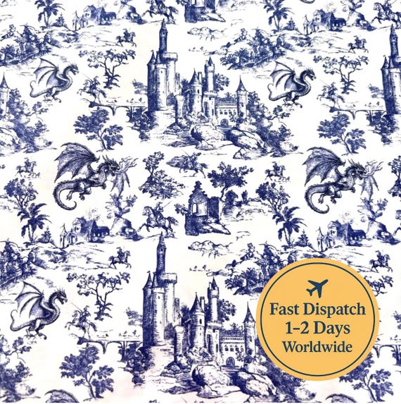 Blue Chinoiserie Toile de Jouy dragon Fabric Dragon Fabric fairytale Theme castle Nursery Fabric