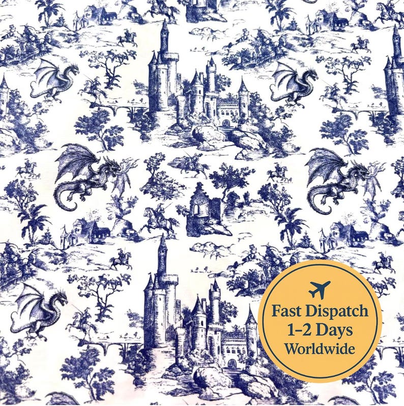May include: White fabric with a blue toile pattern featuring castles, dragons, and riders on horseback. The design is reminiscent of classic toile de Jouy, with a fantasy theme. The fabric has a repeating pattern of detailed illustrations.