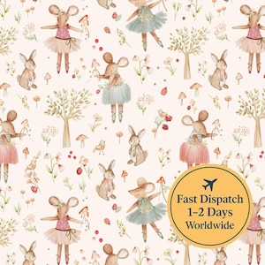 Ballerina Mouse Fabric – Woodland Nursery Animal Pattern – Kids Sewing Fabric