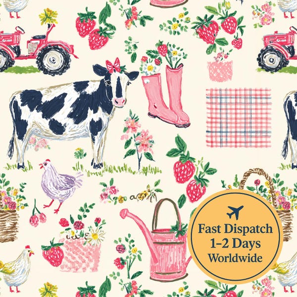 Pink Farmyard Fabric – Cottagecore Cow & Chicken Pattern – Cotton Sewing Material