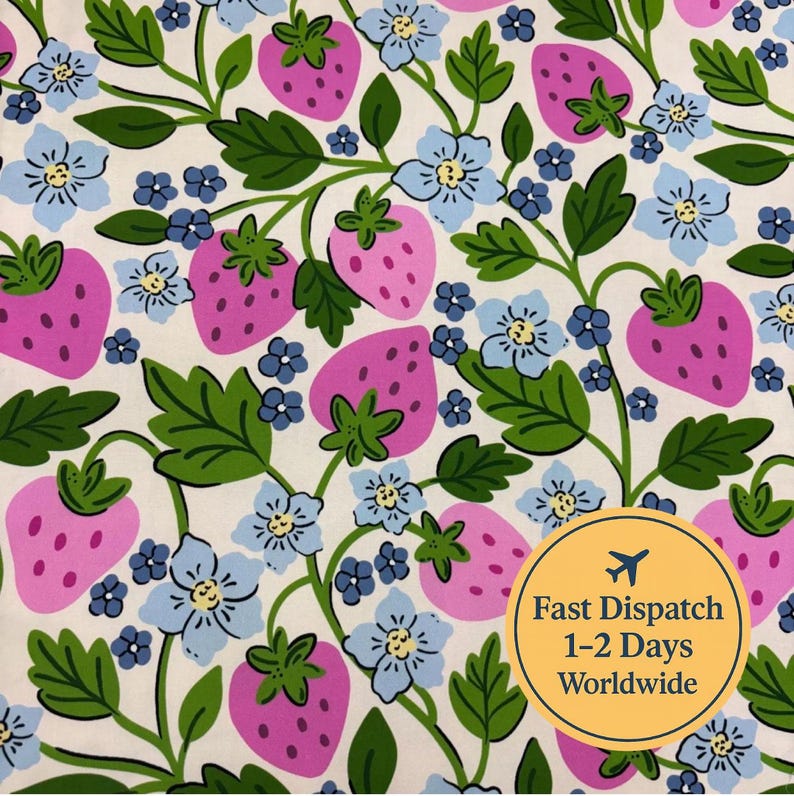 May include: A fabric pattern featuring large pink strawberries, light blue flowers, and green leaves on a cream background. The design is a repeating pattern of the fruit and floral elements.