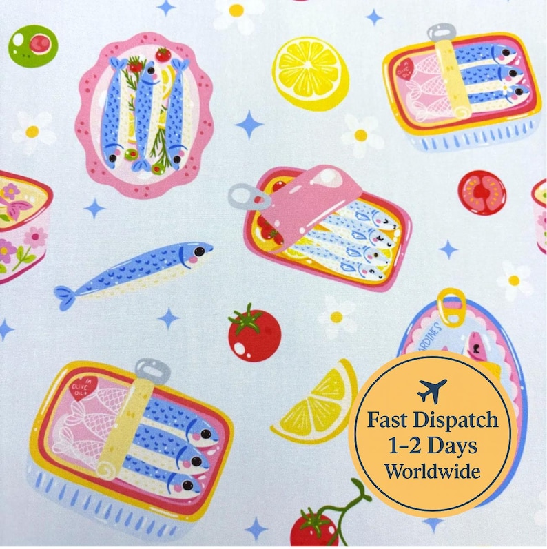 May include: Light blue fabric with a repeating pattern of sardines, lemons, tomatoes, and flowers. The sardines are in pink and yellow sardine cans and on a pink plate. The fabric has a whimsical, cartoon-like design.