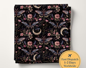 May include: A folded fabric featuring a repeating pattern on a black background. The design includes blue and brown moths, pink flowers, green stems, and cream-colored crescent moons. A circular yellow badge displays Fast Dispatch 1-2 Days Worldwide.