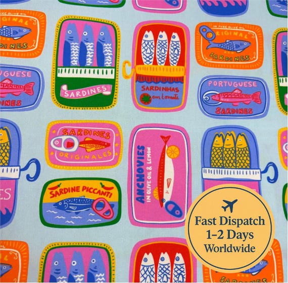 Sardines fabric La Dolce Vita fabric Summer fabric Foodie fabric preppy fabric colourful fabric