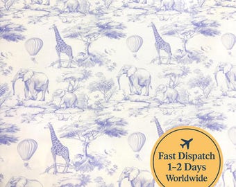 Tessuto Safari Toile de Jouy Chinoiserie Blu Tessuto Safari Animali per Bambini Tessuto Safari Tema Leone Zebra Giraffa Tessuto per Cameretta Neonati