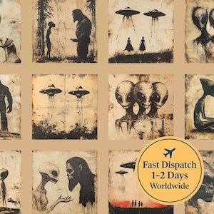 Könnte beinhalten: Eine Sammlung von Sepia-Kunstdrucken mit verschiedenen außerirdischen und kryptiden Themen. Die Drucke zeigen UFOs, Außerirdische und Figuren wie Bigfoot. Der Stil erinnert an Vintage-Illustrationen mit einem Effekt von gealtertem Papier.
