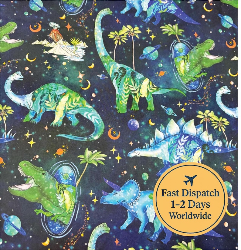 May include: A fabric pattern featuring colorful dinosaurs in a space-themed design. The dinosaurs are in shades of green and blue, with a backdrop of stars, planets, and crescent moons. The image also includes the text "Fast Dispatch 1-2 Days Worldwide".