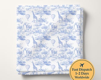 Blått Chinoiserie Toile de Jouy Safarityg Baby Safaridjurtyg Safaritema Lejon Zebra Giraff Barnrumstyg