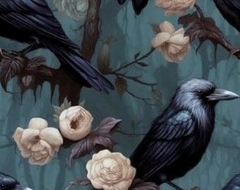 Teal Gothic crow Fabric moody floral Fabric black floral Fabric gothic Fabric bird fabric