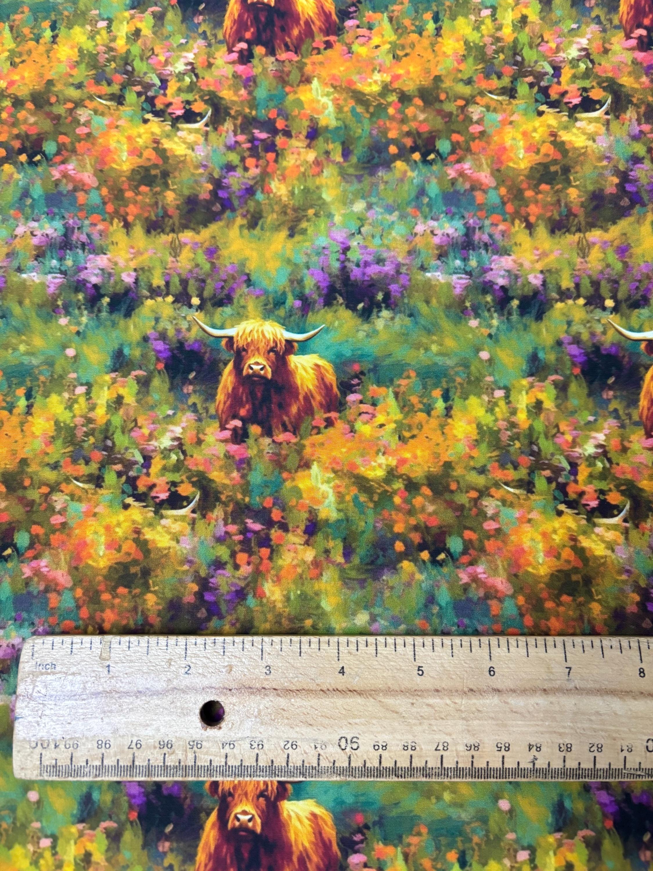 Highland Cow Fabric – Painterly Floral Meadow Pattern – Wildflower Art ...