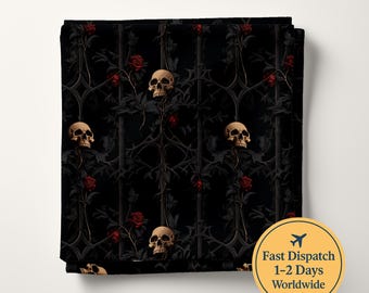 May include: A square fabric piece featuring a repeating pattern of beige human skulls intertwined with dark grey thorny vines and deep red roses against a solid black background. The design includes a gothic-style lattice structure.