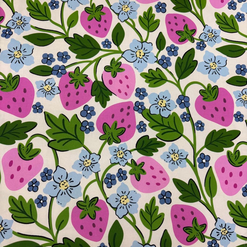 May include: A repeating pattern featuring pink strawberries, light blue flowers, and green leaves on a cream background. The design has a whimsical, illustrative style, perfect for fabric or wallpaper.