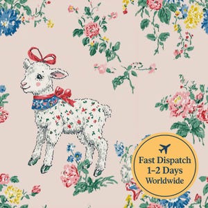 Puede incluir: Ilustración caprichosa de un cordero con un lazo rojo y detalles florales. El cordero es blanco con patrones florales rojos y verdes. El fondo es rosa claro con patrones florales en rosa, azul y amarillo.