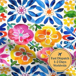 Mexican Tile Watercolor Cotton Fabric – Talavera Tile Fabric | 100% Cotton by the Yard or Fat Quarter Fiesta Colourful fabric