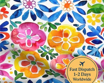 Mexican Tile Watercolor Cotton Fabric – Talavera Tile Fabric | 100% Cotton by the Yard or Fat Quarter Fiesta Colourful fabric
