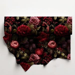 May include: A fabric swatch featuring a dark black background with a repeating pattern of deep red peonies, smaller rose-like buds, and clusters of small red berries interspersed with dark green leaves and stems throughout the design.