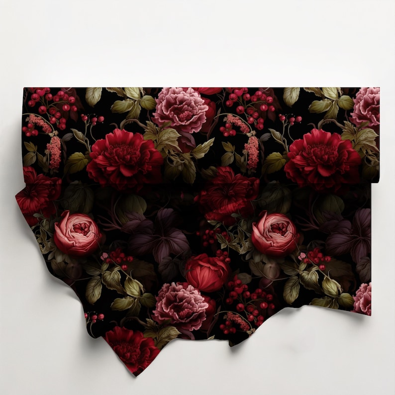 May include: A fabric swatch featuring a dark black background with a repeating pattern of deep red peonies, smaller rose-like buds, and clusters of small red berries interspersed with dark green leaves and stems throughout the design.