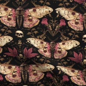 Gothic moth Fabric dusty pink fabric witch Fabric black moody floral Fabric skull Fabric