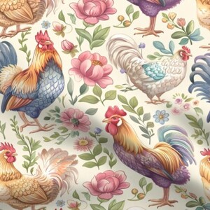 May include: A seamless pattern featuring colorful roosters and floral designs. The roosters are depicted in various poses, with their bright plumage and red combs standing out against the cream background. The floral elements include pink peonies, blue forget-me-nots, and green leaves, creating a vibrant and cheerful pattern.