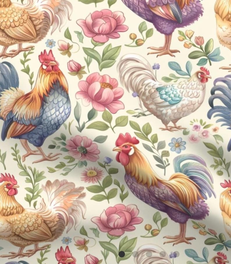 May include: A seamless pattern featuring colorful roosters and floral designs. The roosters are depicted in various poses, with their bright plumage and red combs standing out against the cream background. The floral elements include pink peonies, blue forget-me-nots, and green leaves, creating a vibrant and cheerful pattern.