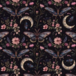 Gothic moth Fabric witch Fabric black moody floral Fabric celestial Fabric