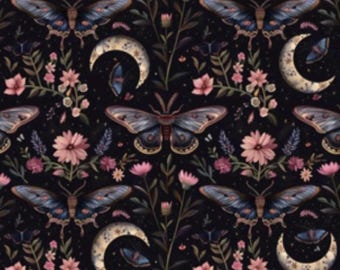 Gothic moth Fabric witch Fabric black moody floral Fabric celestial Fabric