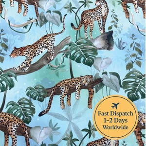 May include: A repeating pattern featuring leopards in a jungle setting. The leopards are brown with black spots, set against a light blue background with green foliage. The image includes the text "Fast Dispatch 1-2 Days Worldwide".