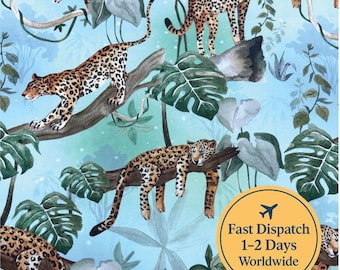 May include: A repeating pattern featuring leopards in a jungle setting. The leopards are brown with black spots, set against a light blue background with green foliage. The image includes the text "Fast Dispatch 1-2 Days Worldwide".